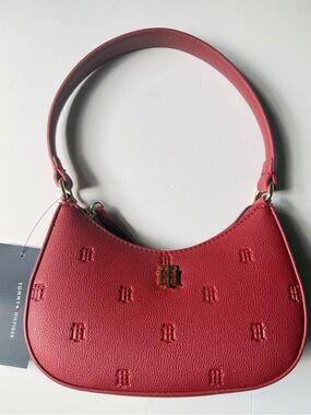 Tommy Hilfiger Cherry-Red Embossed Logo Shoulder Bag